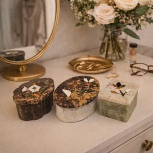 Set of 3 VTG Hand-Carved Stone Trinket Box With Mother-Of Pearl Inlay India